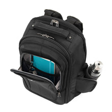 Load image into Gallery viewer, Angled top panel view of the backpack with the front and side pockets unzipped. The side pocket has a water bottle (not included). The front pocket shows a notebook and a set of keys clipped to the attached key lanyard inside.