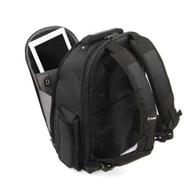 Load image into Gallery viewer, Angled back panel view of the backpack with the front panel opened. A tablet is placed inside the pocket.