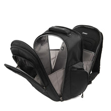 Load image into Gallery viewer, Angled side panel view of the black backpack with all the compartments unzipped.