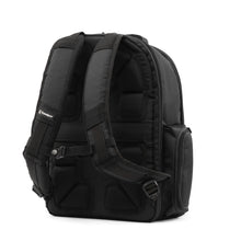 Load image into Gallery viewer, Angled back panel view of the backpack, showing the padded back and adjustable straps.
