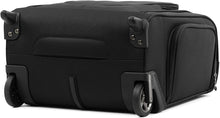 Load image into Gallery viewer, Angled bottom panel view of the suitcase. It features a grab handle, two wheels, and a set of stubs for the suitcase to stand up.