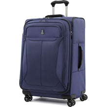 Load image into Gallery viewer, Front angled view of the blue suitcase with the telescopic handle partly extended.
