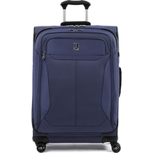 Load image into Gallery viewer, Front Panel View of the blue suitcase with the telescopic handle partly extended.