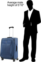 Load image into Gallery viewer, Angled front panel view of the blue suitcase with a drawn 5-foot, 10-inch model next to it.