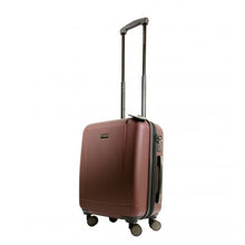 Load image into Gallery viewer, Angled front panel view of the burgundy suitcase with the telescopic handle extended.
