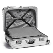 Load image into Gallery viewer, Interior view of the suitcase with the front panel's divider unzipped. It has a set of adjustable straps to hold your contents in place, and a garment hanger (sold separately).