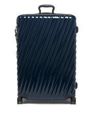 Load image into Gallery viewer, Front panel view of the suitcase with the telescopic handle partly extended.