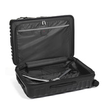 Load image into Gallery viewer, Interior view of the suitcase. The front panel has a zipper-closing panel divider. The back has a set of adjustable straps to hold contents.