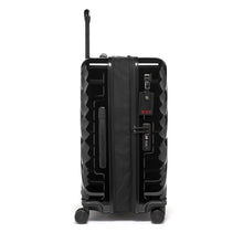 Load image into Gallery viewer, Side panel view of the suitcase. It features a grab handle, a tag, a US Port, and a TSA approved three-digit combination lock.