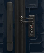 Load image into Gallery viewer, Side panel close up showing a grab handle, a tag, and a TSA approved three-digit combination lock.