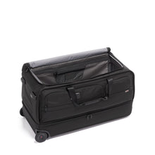 Load image into Gallery viewer, Angled top view of the black duffle bag with the main compartment unzipped.