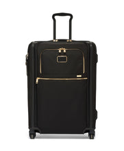 Load image into Gallery viewer, Front panel view of the suitcase with the telescopic handle partly extended.