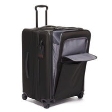 Load image into Gallery viewer, Angled front panel view of the black suitcase with the front panels and expandable feature unzipped.