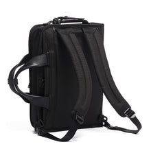 Load image into Gallery viewer, Angled back panel view with the backpack shoulder straps extended.