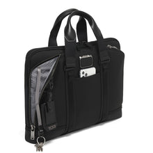 Load image into Gallery viewer, Angled front panel view of the suitcase with a side pocket unzipped, which features a cord on the inside with a key clip. A cellphone is peeking from a pocket between the grab handles.