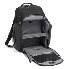 Load image into Gallery viewer, Front panel view of the backpack with the front pocket unzipped, featuring organizational pockets and compartments.