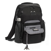 Load image into Gallery viewer, Angled front panel view of the black backpack with the front pocket unzipped, showing a cord with a key clip.  The side pocket has a water bottle peeking from it. (Water bottle not included).