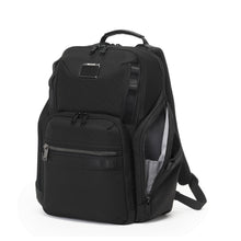 Load image into Gallery viewer, Angled front panel view of the black backpack showing the side pocket unzipped.
