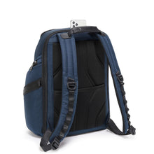 Load image into Gallery viewer, Angled back panel view of the blue backpack showing the adjustable straps and the phone compartment next to the top panel's grab handle.