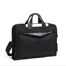 Load image into Gallery viewer, Back panel view of the black briefcase with the zipper compartment unzipped.
