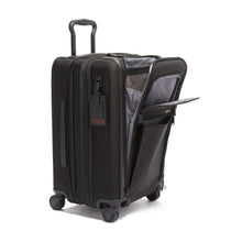 Load image into Gallery viewer, Angled side panel view of the black suitcase with the expandable feature and front panel unzipped.