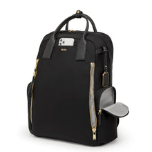Load image into Gallery viewer, Angled front panel view of the backpack showing a phone peeking from the front pocket between the grab handle. The side panel's pocket is unzipped.
