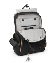 Load image into Gallery viewer, Interior view of the backpack, showing the organization pockets available. A laptop peeks atop the back panel's pocket.