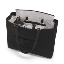 Load image into Gallery viewer, Angled top view of the bag's interior with the main compartment opened. A phone is peeking from the pocket in between the grab handle.
