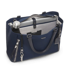 Load image into Gallery viewer, Angled front panel view showing the bag's interior with a laptop in its compartment, a water bottle, and a set of keys on the key sling.