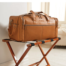 Load image into Gallery viewer, Dorado Leather Underseat Duffel - Tan
Front Angled View shown with matching leather shoulder strap.  Luggage Valet not included
Dimensions:  18" x 10" x 10"