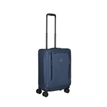 Load image into Gallery viewer, Front angled view of the blue suitcase with the telescopic handle extended.
