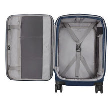 Load image into Gallery viewer, Interior view of the blue suitcase. The back panel has a set of straps to hold contents in place.