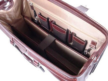 Load image into Gallery viewer, Interior view of the brown leather briefcase showing organizational pockets, and a divider.