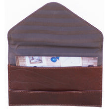 Load image into Gallery viewer, The brown leather photo envelope with the front flap lifted.