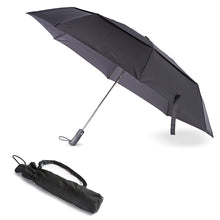 Load image into Gallery viewer, A black vented windproof umbrella is displayed open with a carrying case next to it.