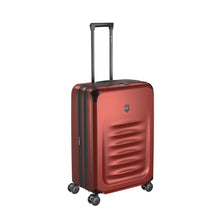 Load image into Gallery viewer, Angled front view of the suitcase with the telescopic handle extended.