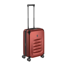 Load image into Gallery viewer, Angled front view of the suitcase with the telescopic handle extended.