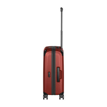 Load image into Gallery viewer, Side panel view of the suitcase with the telescopic handle extended.