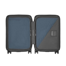 Load image into Gallery viewer, Interior view of the navy blue suitcase showing the zipper-closing panel dividers to hold your contents in place.