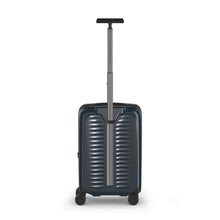 Load image into Gallery viewer, Back panel view of the navy blue suitcase with the telescopic handle extended.