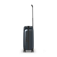 Load image into Gallery viewer, Side panel view of the navy blue suitcase with the telescopic handle extended.