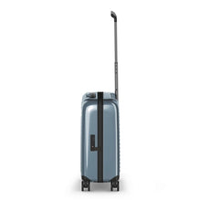 Load image into Gallery viewer, Side panel view of the light blue suitcase with the telescopic handle extended.