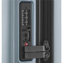 Load image into Gallery viewer, Close up to the light blue suitcase's side panel. It features a TSA approved three-digit combination lock.