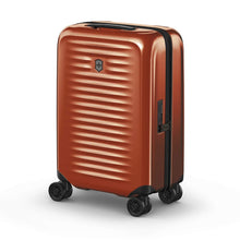Load image into Gallery viewer, Angled front view of the orange suitcase with black accents. The telescopic handle is retracted.