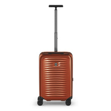 Load image into Gallery viewer, Front panel view of the orange suitcase with the telescopic handle extended.