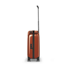 Load image into Gallery viewer, Side panel view of the orange suitcase with the telescopic handle extended.