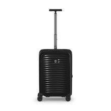 Load image into Gallery viewer, Front panel view of the black suitcase with the telescopic handle extended.