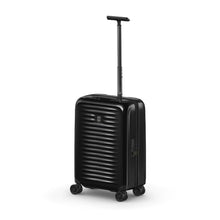 Load image into Gallery viewer, Angled front panel view of the suitcase with the telescopic handle extended.