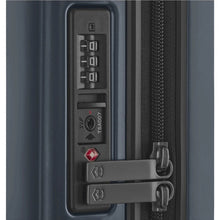 Load image into Gallery viewer, Close up to the side panel of the dark blue suitcase, showing the TSA approved three-digit combination lock.