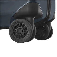 Load image into Gallery viewer, Close up to a wheel on the dark blue suitcase.